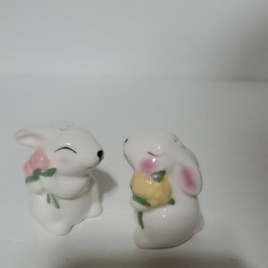 Ceramic Bunny Salt And Pepper Shakers with Pink and Yellow Accents